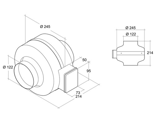 Technische Zeichnung eines Rohrventilators mit Maßangaben
