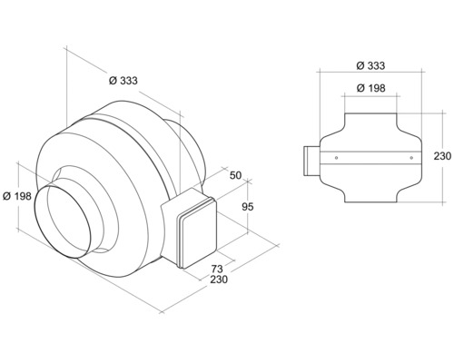 Technische Zeichnung eines Rohrventilators mit den Maßen Durchmesser 333 mm und Durchmesser 198 mm