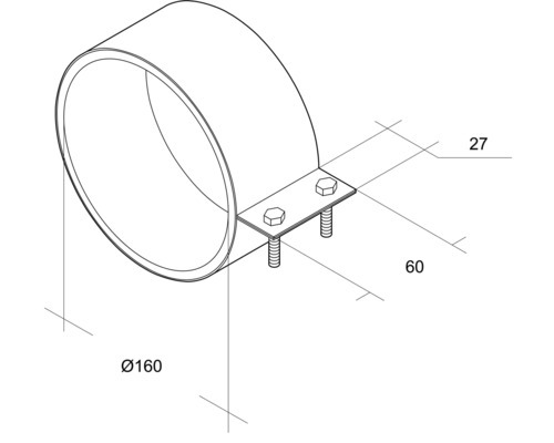 Rohrschelle mit Schrauben und Maßangaben