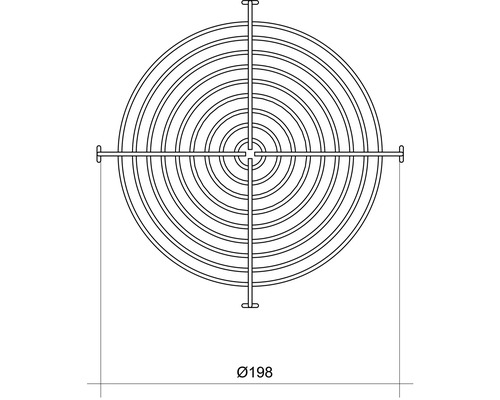 Technische Zeichnung eines runden Lüftergitters mit einem Durchmesser von 198 Millimetern.