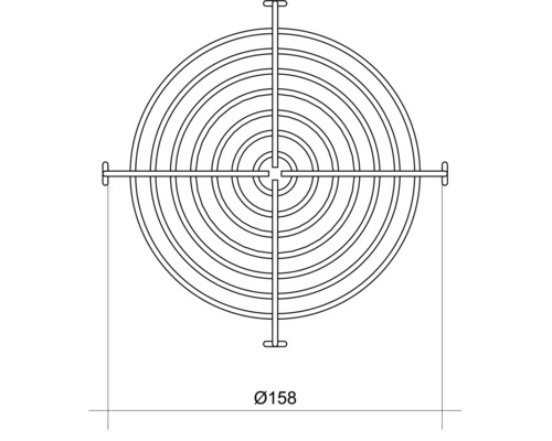 Technische Zeichnung eines runden Lüftergitters mit einem Durchmesser von 158 Millimetern