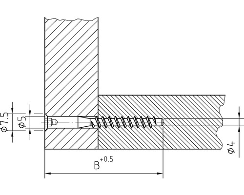 Technische Zeichnung einer Holzschraubenverbindung mit Maßangaben