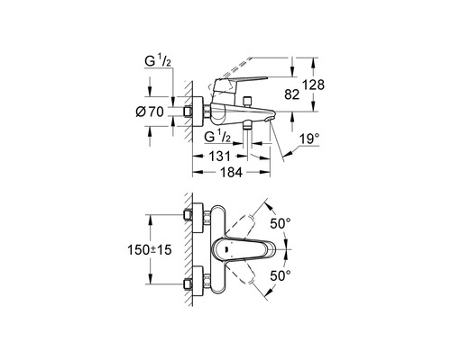 Technische Zeichnung einer Armatur mit Maßangaben
