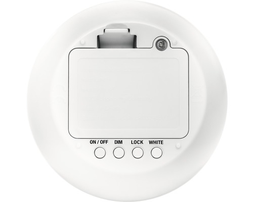 Rückseite einer runden Leuchte mit Bedienelementen und Batteriefach