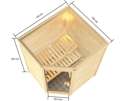 Ecksauna mit Abmessungen 145 cm mal 145 cm und einer Höhe von 187 cm.