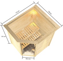 Ecksauna mit den Maßen 173 cm mal 159 cm mal 191 cm und einer Türbreite von 65,5 cm.