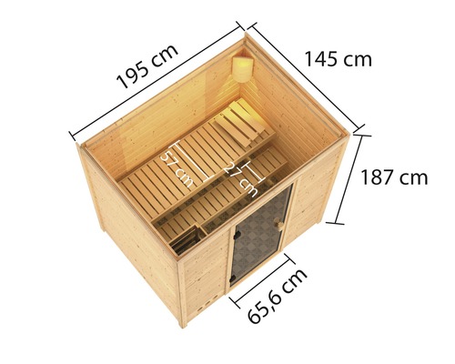 Holzsauna mit Abmessungen 195 cm Länge, 145 cm Breite und 187 cm Höhe