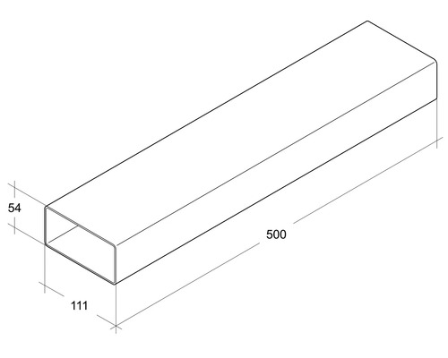 Abbildung eines Rechteckrohrs mit den Maßen 54 x 111 x 500 Millimeter.