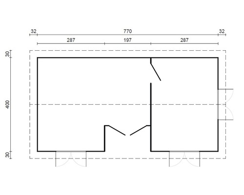 Grundrisszeichnung eines Gartenhauses mit Maßangaben