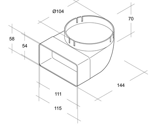 Technische Zeichnung eines Eckformstücks für Lüftungsrohre mit Maßangaben