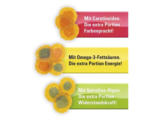 Close-up of fish food with carotenoids, omega 3 fatty acids, and spirulina algae