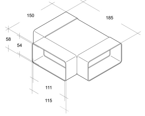 Technische Zeichnung eines rechteckigen T-Stücks mit Maßangaben.