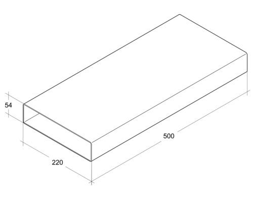 Technische Zeichnung eines Rechteckrohrs mit den Maßen 500 x 220 x 54 mm