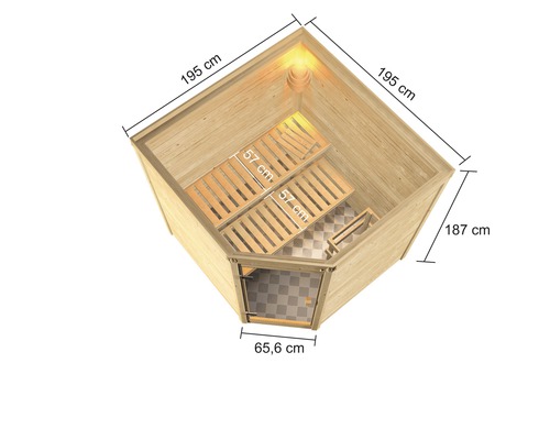 Innenansicht einer Holzsauna mit Bänken und Abmessungsangaben