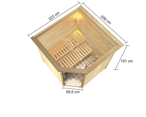 Abbildung einer Ecksauna mit den Massangaben 223 cm, 209 cm, 191 cm und 65,6 cm.