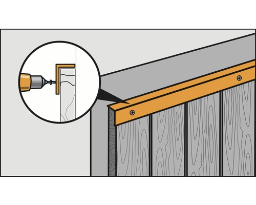 Illustration einer Holzkonstruktion mit Befestigungswinkel und Schrauben