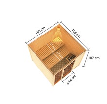 Innenansicht einer Sauna mit Abmessungsangaben