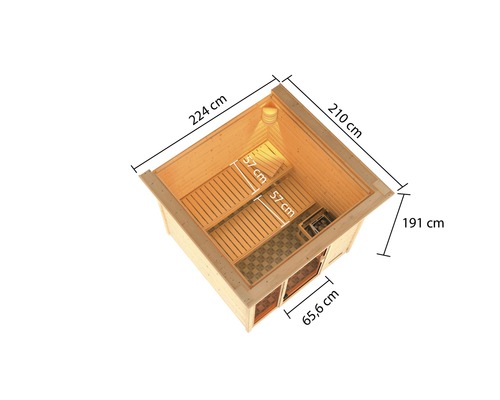 Draufsicht einer Sauna mit Abmessungen: 224 cm Länge, 210 cm Breite und 191 cm Höhe.