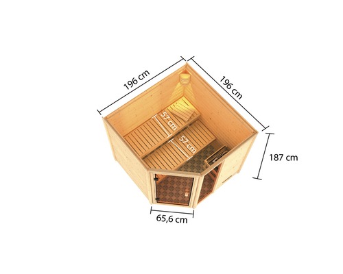 Innenansicht einer Holzsauna mit Bänken und Maßangaben