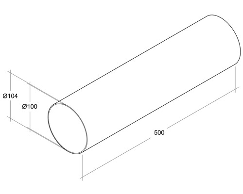Technische Zeichnung eines Rohres mit einem Durchmesser von 100 Millimetern, einer Wandstärke von 4 Millimetern und einer Länge von 500 Millimetern.
