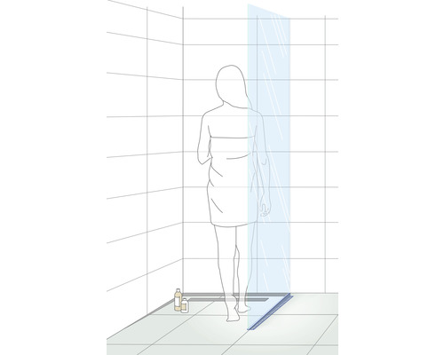 Illustration eines Badezimmers mit Duschrinne und Duschabtrennung