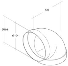 Illustration eines Rohrbogens mit den Maßen 108 mm, 104 mm und 135 mm