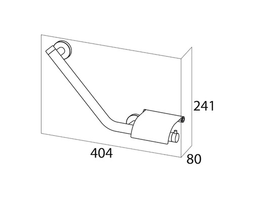 Zeichnung eines Haltegriffs mit Papierrollenhalter und Maßangaben für das Badezimmer