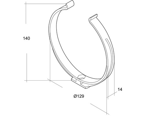 Rohrschelle mit den Maßen 140, 129 und 14 Millimeter.