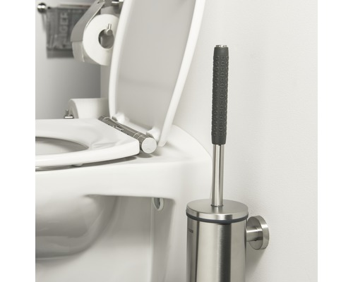 Toilettenbürste aus Edelstahl neben einer Toilette