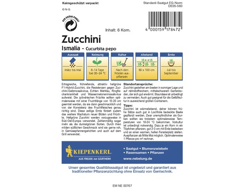 Verpackung Zucchini Ismalia Saatgut mit Informationen zu Aussaat, Keimung, Kultur, Abstand und Ernte