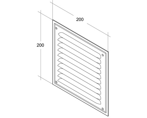 Quadratischer Lüftungsgitter mit Lamellen und den Maßen 200 mal 200 Millimeter.