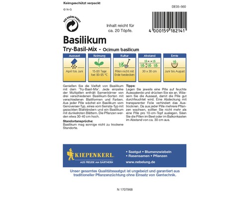 Basilikum Try-Basil-Mix Saatgutpackung mit Informationen zu Aussaat, Keimung, Kultur, Abstand und Ernte
