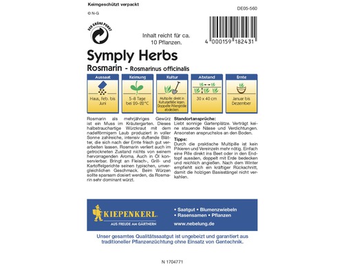 Symply Herbs Rosmarin Saatgutpackung mit Informationen zu Aussaat, Keimung, Kultivierung, Abstand und Erntezeit.