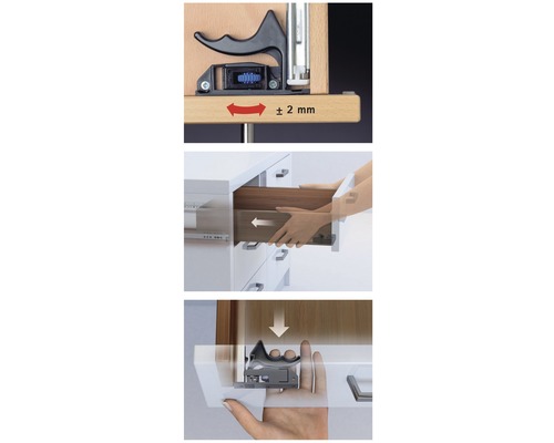 Illustration einer Schubladenführung mit Verstellmechanismus für Möbelbau