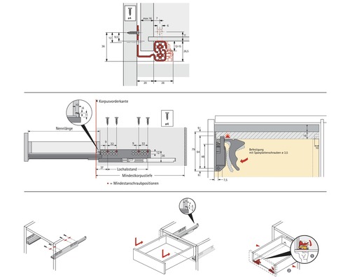 Installationsanleitung für Schubladenauszüge mit Maßen und Montagehinweisen