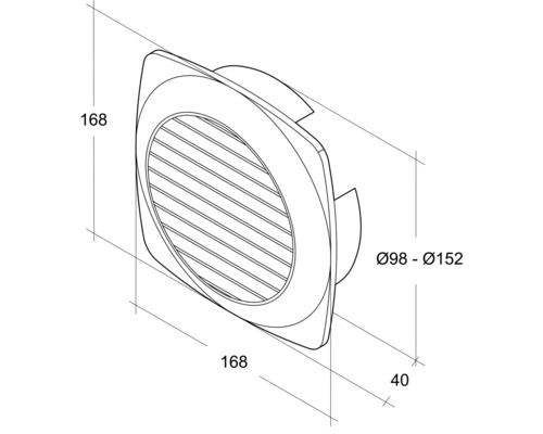 Technische Zeichnung eines runden Tellerventils mit den Maßen 168 x 168 x 40 Millimeter und einem Durchmesser von 98 bis 152 Millimeter.
