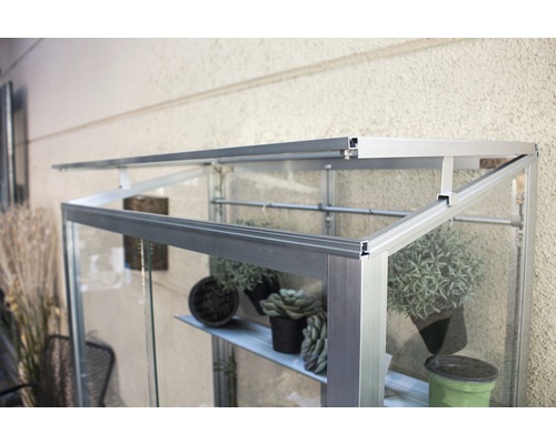 Nahaufnahme eines Gewächshauses mit Aluminiumrahmen und Pflanzenregalen.