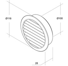 Diagramm eines runden Tellerventils mit den Maßen Durchmesser 118 Millimeter und Durchmesser 100 Millimeter, Tiefe 28 Millimeter