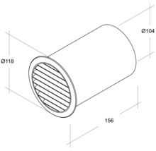 Technische Zeichnung eines runden Tellerventils mit den Maßen 118 mm Durchmesser, 104 mm Durchmesser und 156 mm Länge