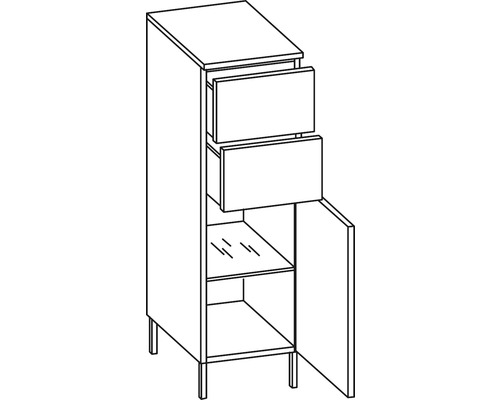 Hochschrank mit zwei Schubladen, einer Tür und Einlegeböden
