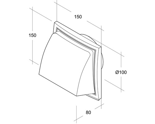 Technische Zeichnung eines Mauerkastens mit den Maßen 150 x 150 x 80 mm und einem Durchmesser von 100 mm
