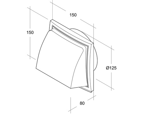 Technische Zeichnung eines Außenwandlüfters mit den Maßen 150 x 150 x 80 Millimeter und einem Durchmesser von 125 Millimetern.
