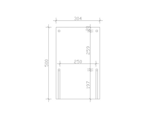 Technische Zeichnung mit Maßangaben für eine rechteckige Platte mit Befestigungselementen