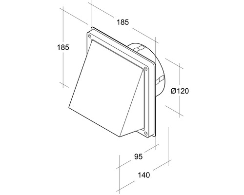 Technische Zeichnung einer Mauerdurchführung mit den Maßen 185 x 185 x 120 mm