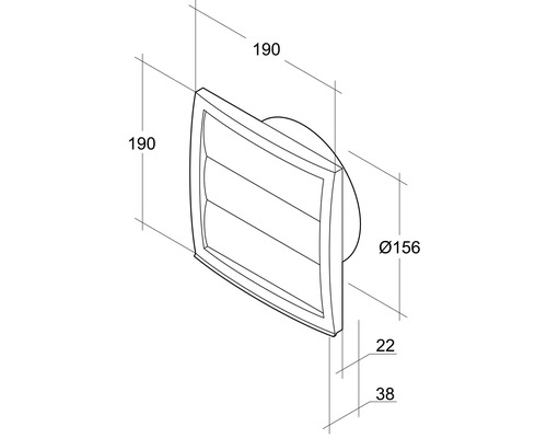 Technische Zeichnung einer Wetterschutzhaube mit den Maßen 190 x 190 Millimeter und einem Durchmesser von 156 Millimeter