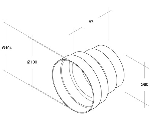 Abbildung eines flexiblen Rohrs mit den Maßen 104 mm, 100 mm und 80 mm Durchmesser sowie 87 mm Länge
