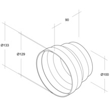 Technische Zeichnung eines Rohrbogens mit den Durchmessern 133 mm, 129 mm und 100 mm sowie einer Länge von 90 mm.