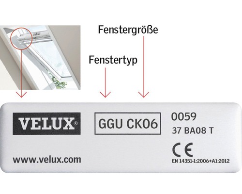 Information label of a Velux roof window, showing window type and window size