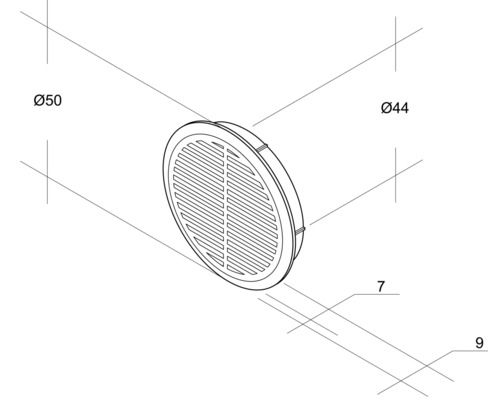 Skizze eines runden Ablaufs mit den Maßen 50 Millimeter und 44 Millimeter