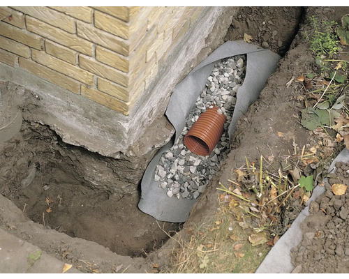 Drainagegraben mit Drainagerohr, Kies und Schutzvlies am Fundament eines Hauses.